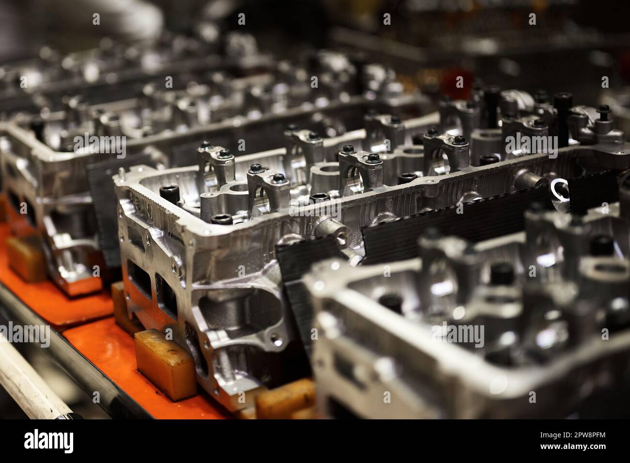 Aluminum cylinder heads of auto engine ready for assembling Stock Photo