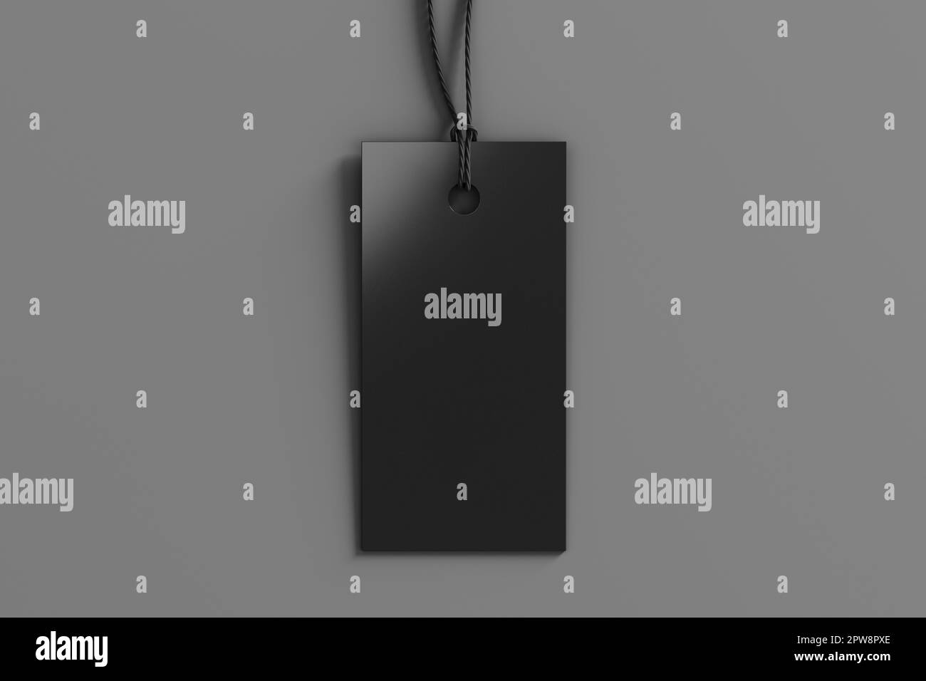 Black rectangular tag mockup on gray background. View directly above Stock Photo Alamy