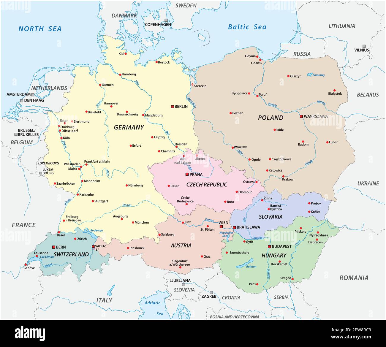 Vector map of the states of Central Europe Stock Vector