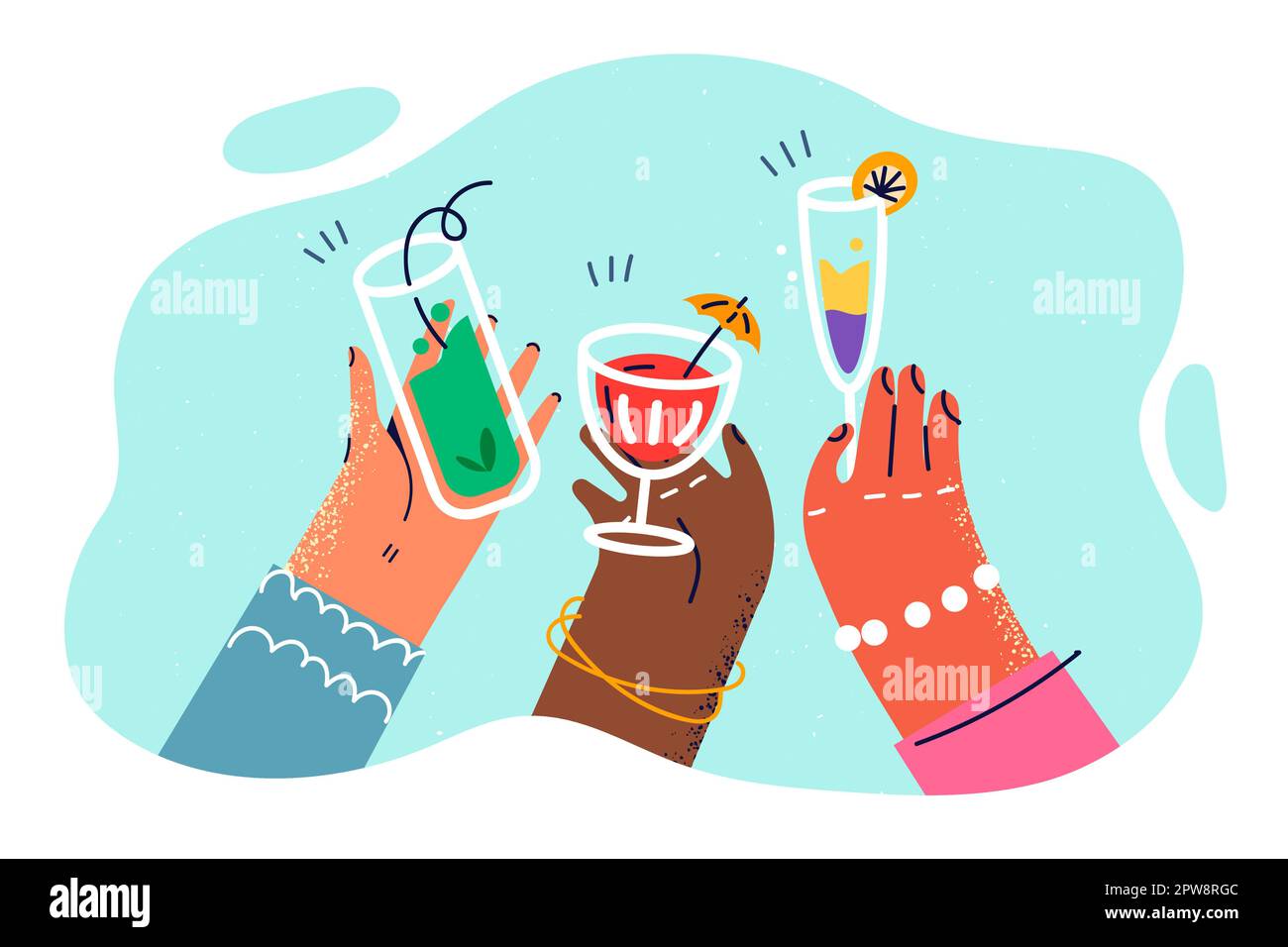 Hands with different skin colors with glasses filled with cocktails and ...