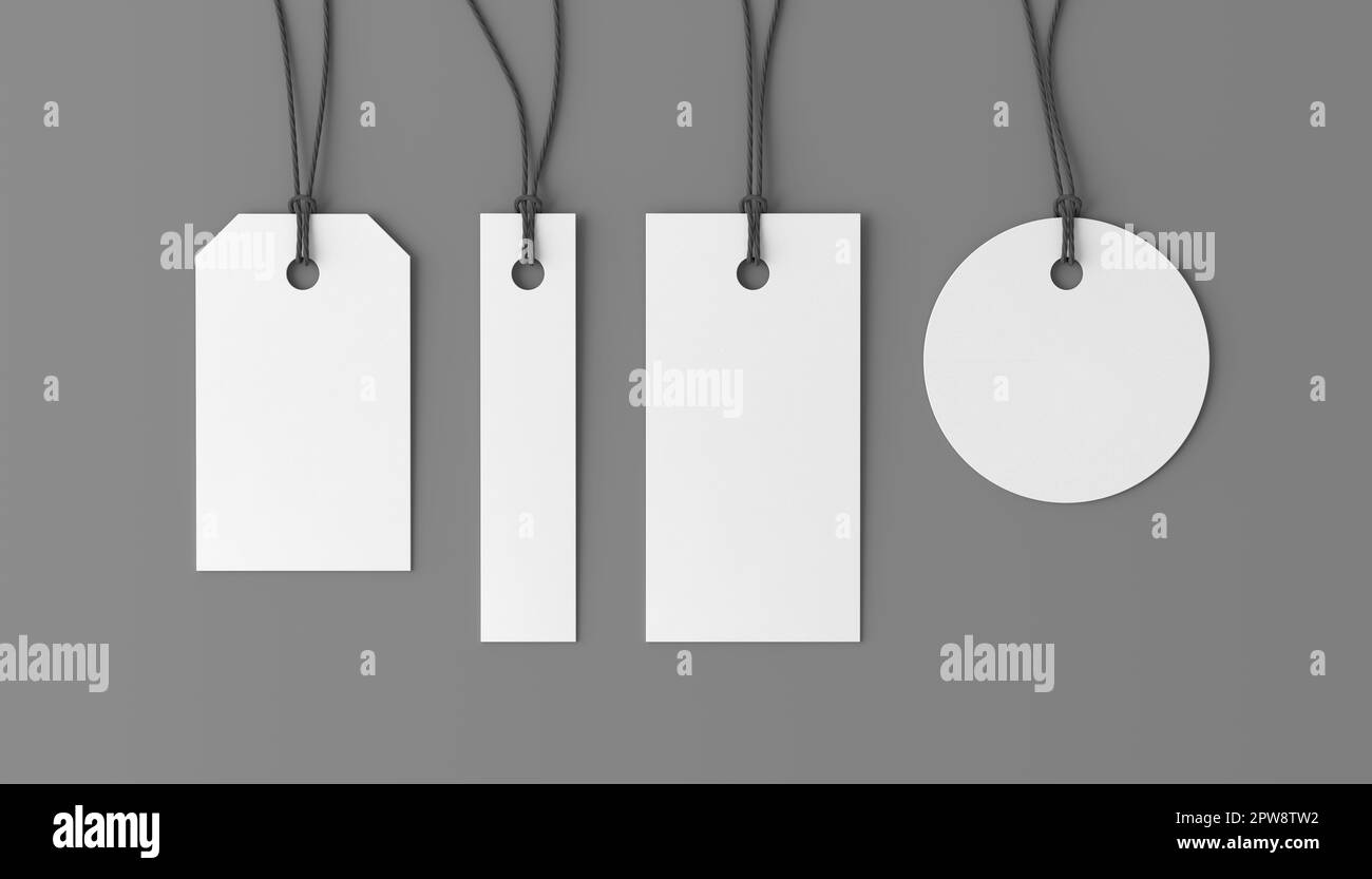 White tags of various shapes mockup on gray background. View directly