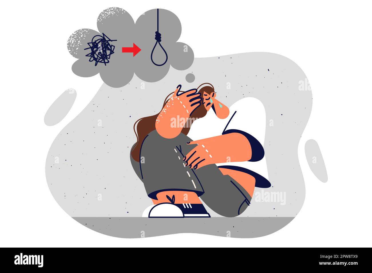 Depressed woman sits on ground contemplating suicide due to unresolved issues in personal life Stock Vector