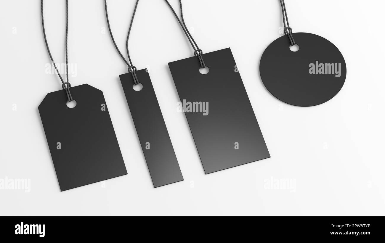 Black tags of various shapes mockup on white background. Side view. 3d