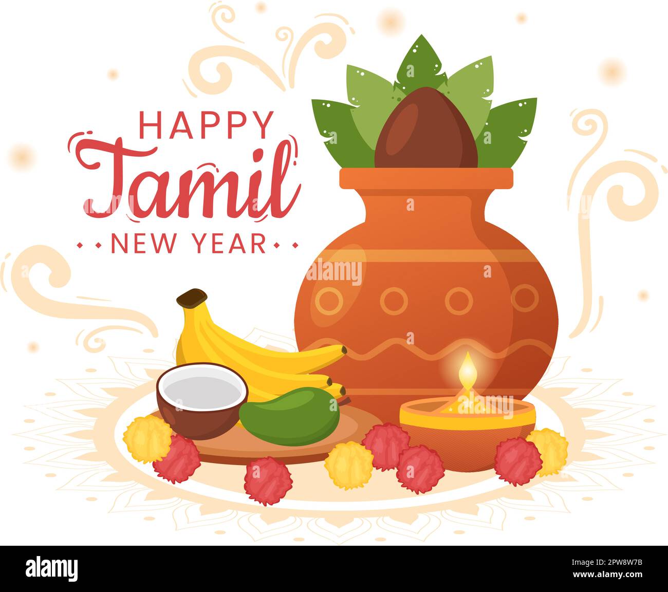 Happy Tamil New Year Illustration with Vishu Flowers, Pots and Indian