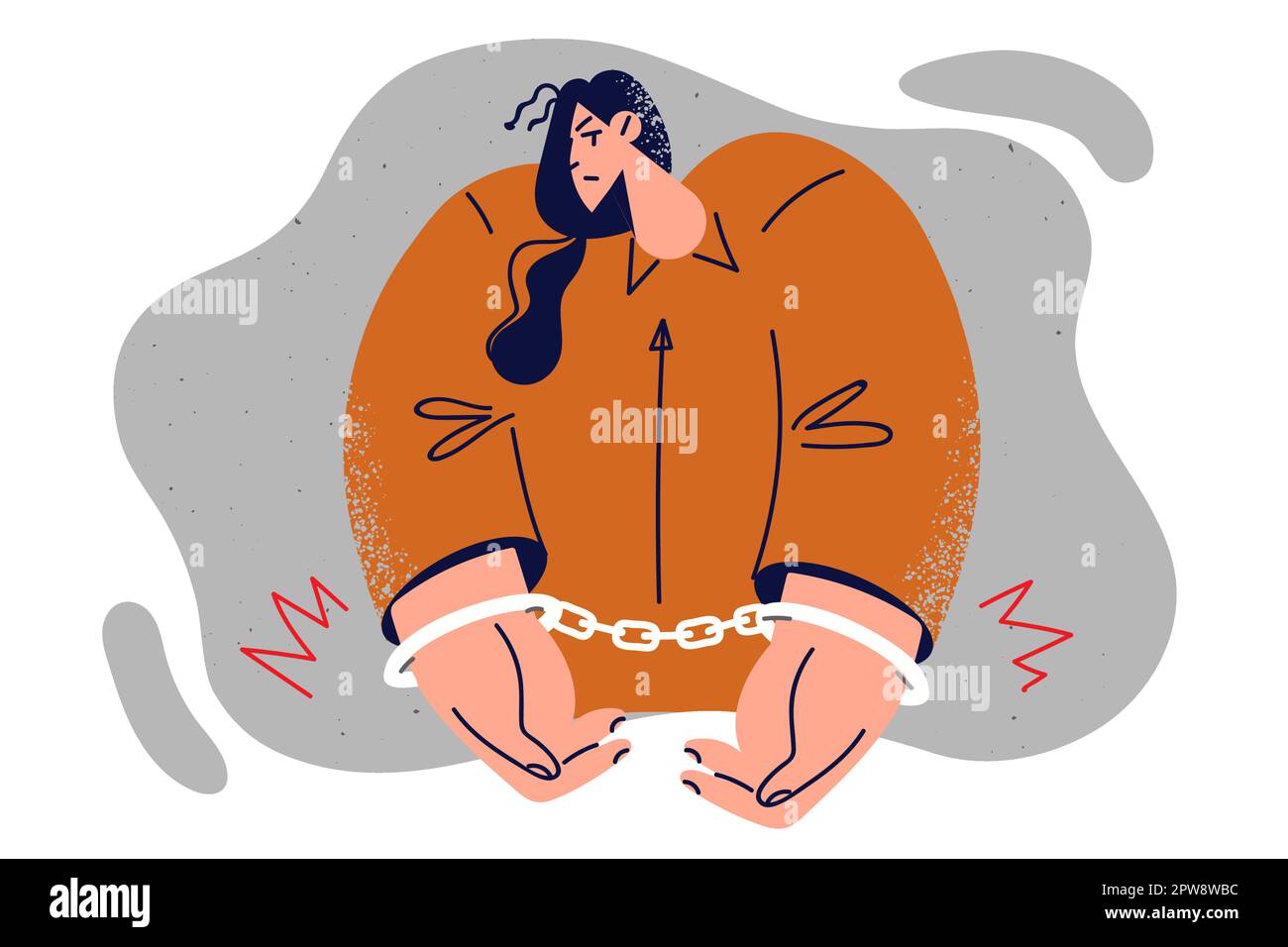 Woman in orange prisoner jumpsuit with hands shackled by handcuffs is sad about upcoming sentence Stock Vector
