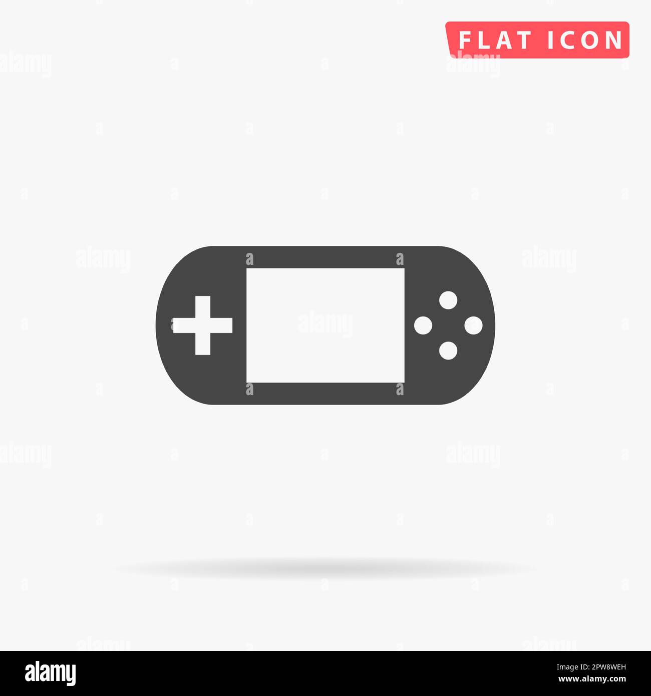 Handheld game console. Simple flat black symbol with shadow on white