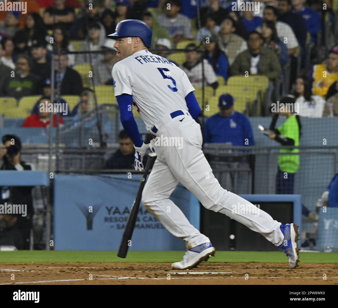 Los Angeles, United States. 28th Apr, 2023. Los Angeles Dodgers Freddie Freeman hits a singleoff St. Louis Cardinals starting pitcher Jack Flaherty in the first inning at Dodger Stadium in Los Angeles on April 28, 2023. Photo by Jim Ruymen/UPI Credit: UPI/Alamy Live News Stock Photo