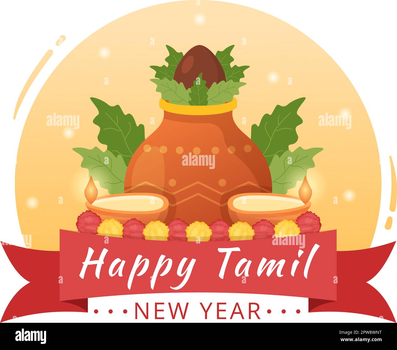 Happy Tamil New Year Illustration with Vishu Flowers, Pots and Indian