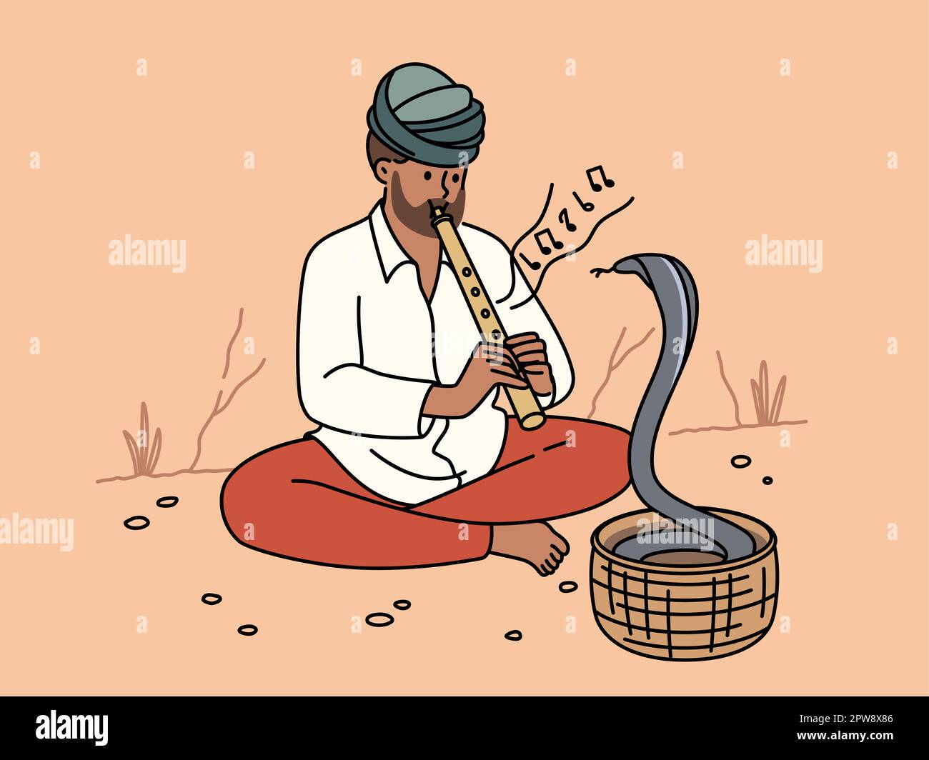 Man in turban play on flute for cobra Stock Vector