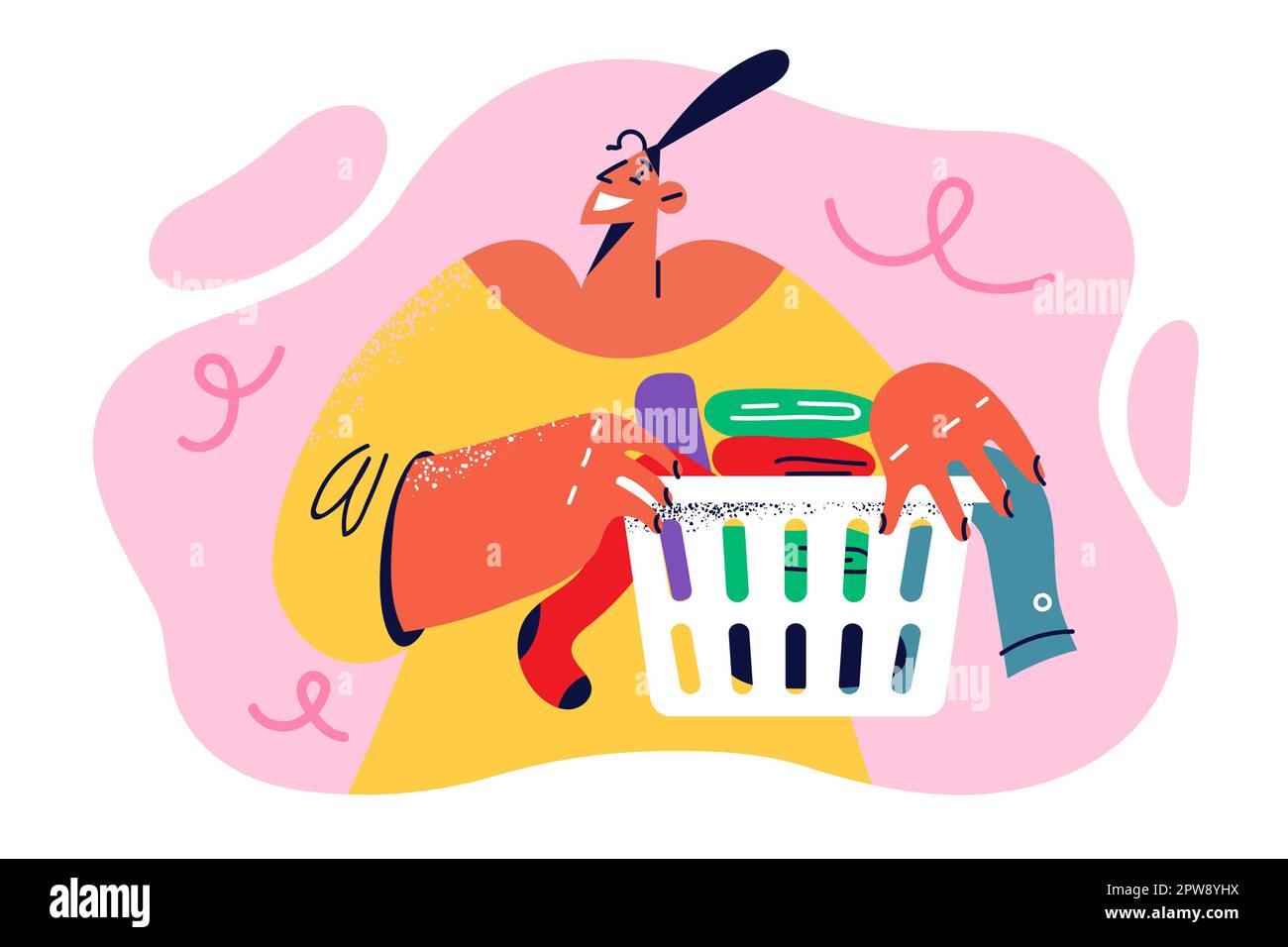 Happy woman housewife holding basket with clean clothes and towels