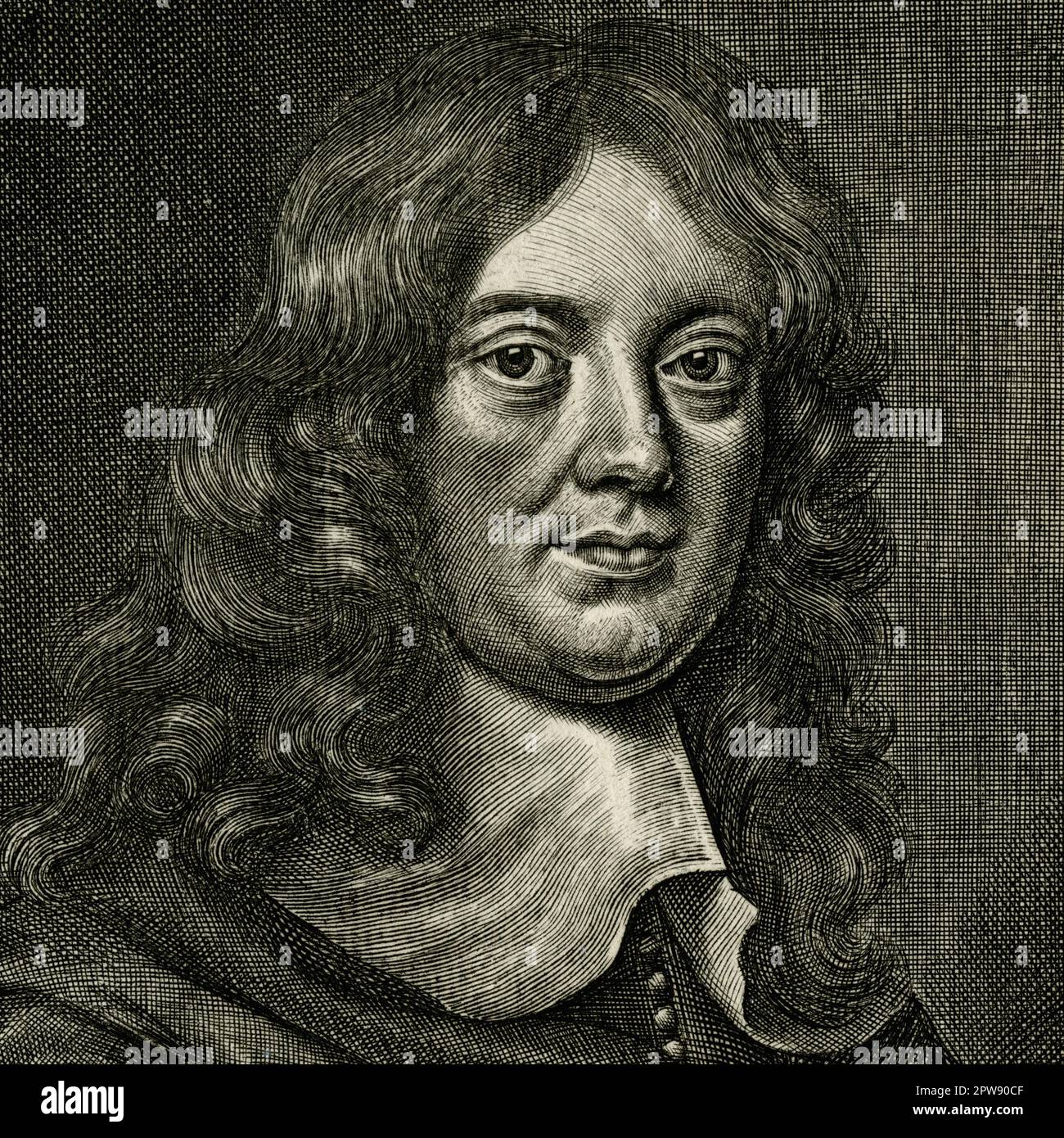 Abraham Cowley (1618-1667), English Cavalier poet, Royalist spy, Secretary to Queen Henrietta Maria and co-founder of the Royal Society. Square detail of engraving by English antiquarian and engraver, William Faithorne the Elder (1616-1691), after an original portrait by Mary Beale (1632-1697) or Sir Peter Lely (1618-1680). This engraving was first published in 1687. Stock Photo