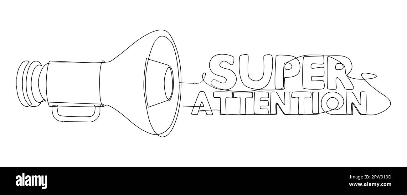 One continuous line of Megaphone with Attention text. Stock Vector