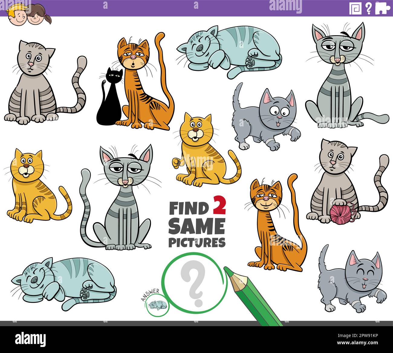 find two same cartoon cat characters educational game Stock Vector ...
