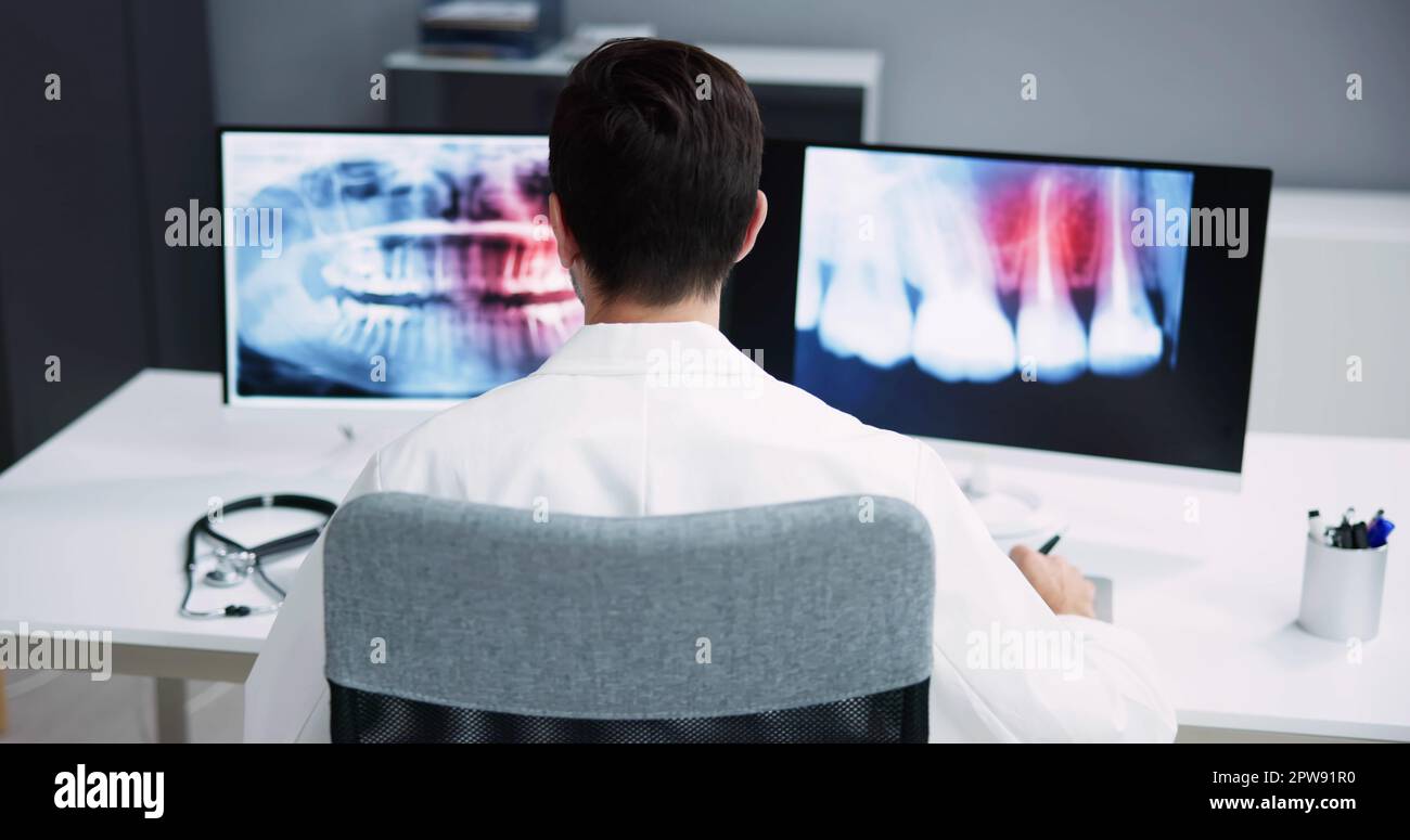 Radiologist Dentist Using X Ray Software On Desktop Computer Stock
