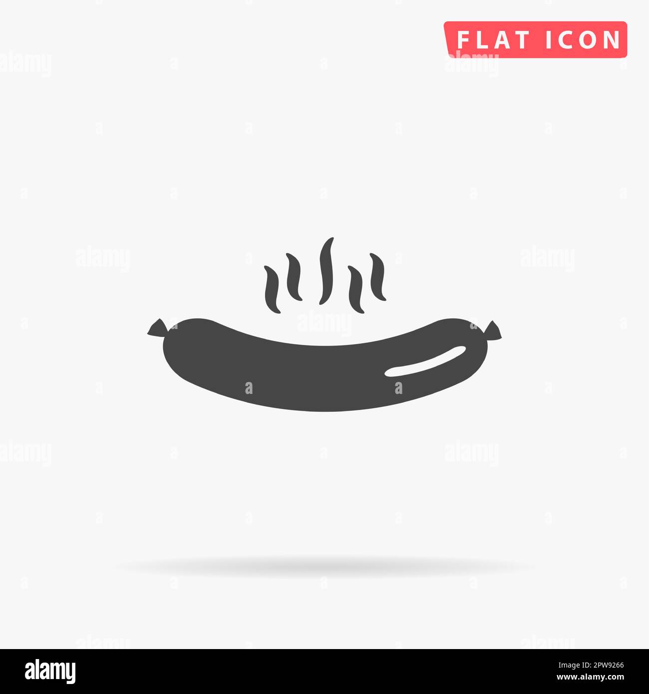 Grilled hot Sausage. Simple flat black symbol with shadow on white background. Vector illustration pictogram Stock Vector