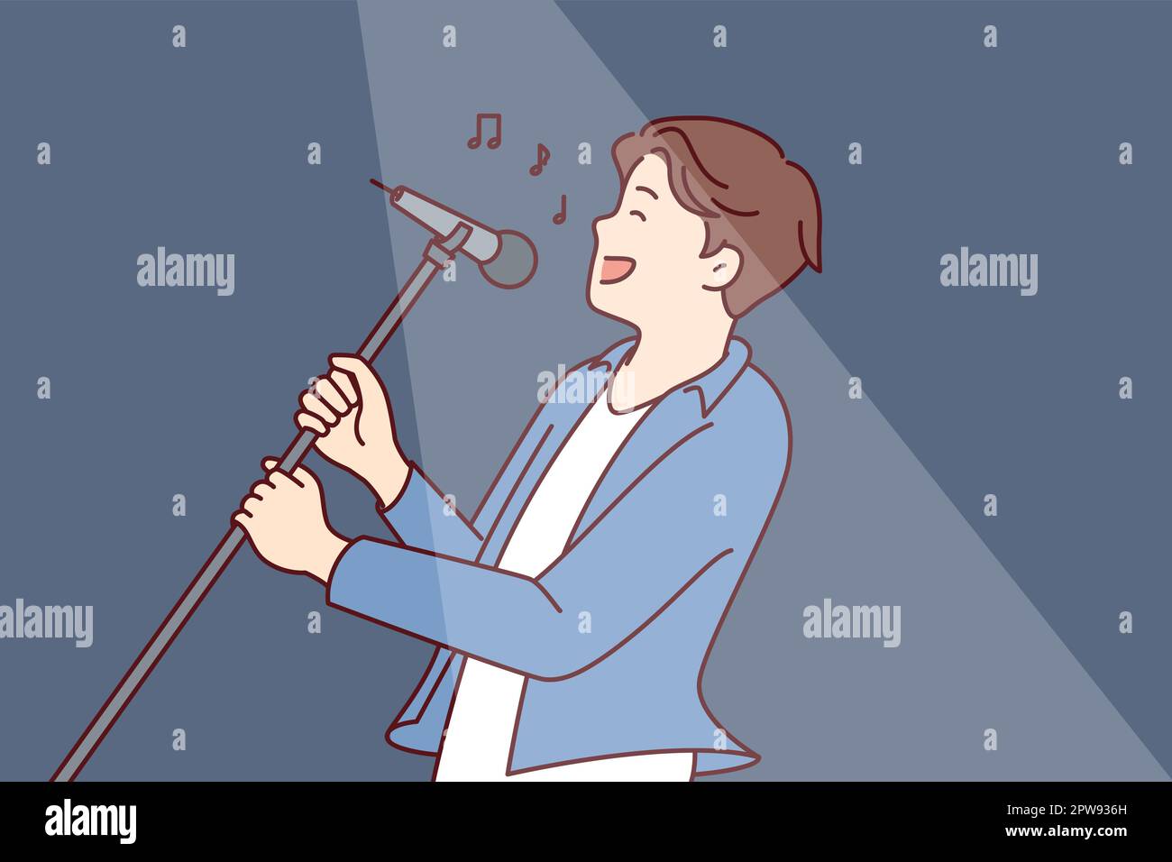 Leaning Back On Hands Stock Vector Images Alamy Man Pop Star Sings Song Leaning Back With Microphone On Tripod In Hands 2PW936H