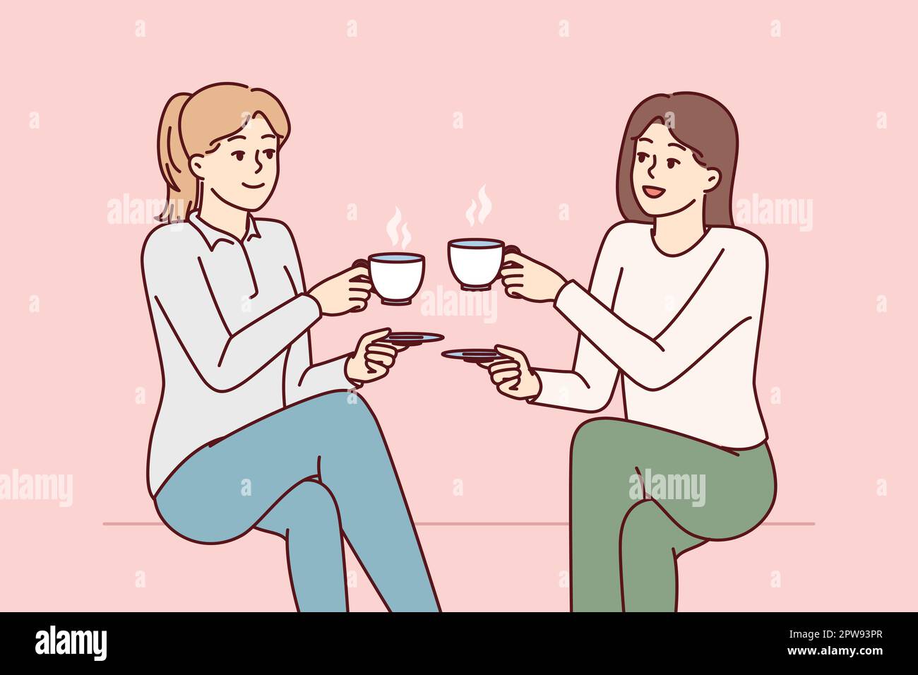 Two girl friends drink hot coffee holding cups and saucers enjoy joint coffeebreak Stock Vector