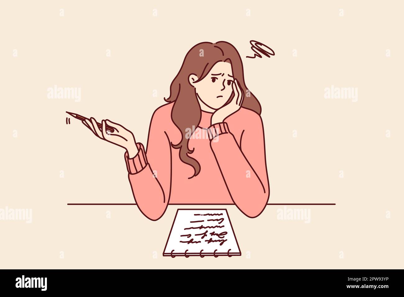 Thoughtful girl sitting at desk thinking about what to write in essay given by teacher in university Stock Vector