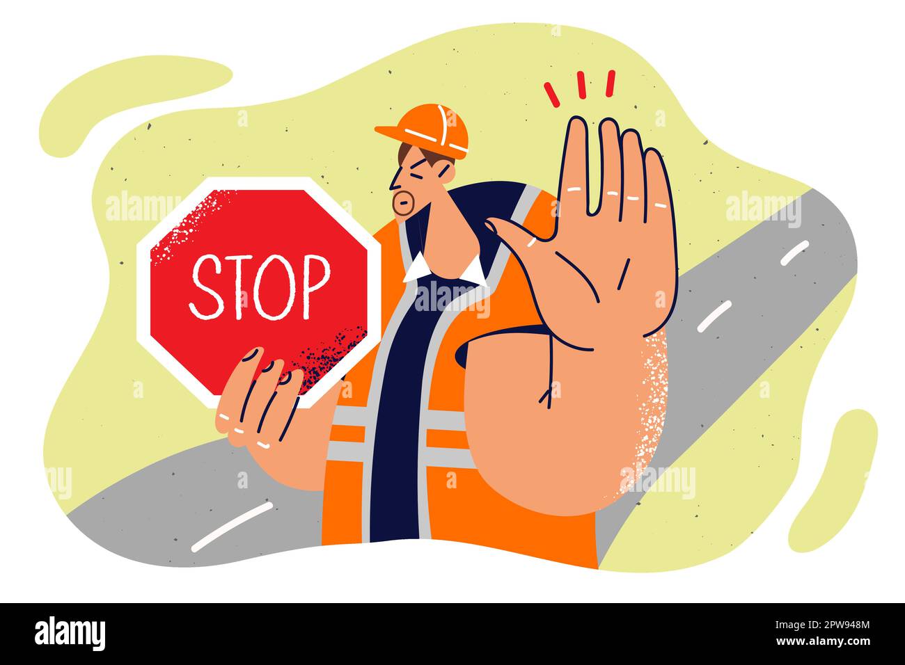 Man in builder uniform shows stop sign and makes caution gesture to warn drivers about road repairs Stock Vector
