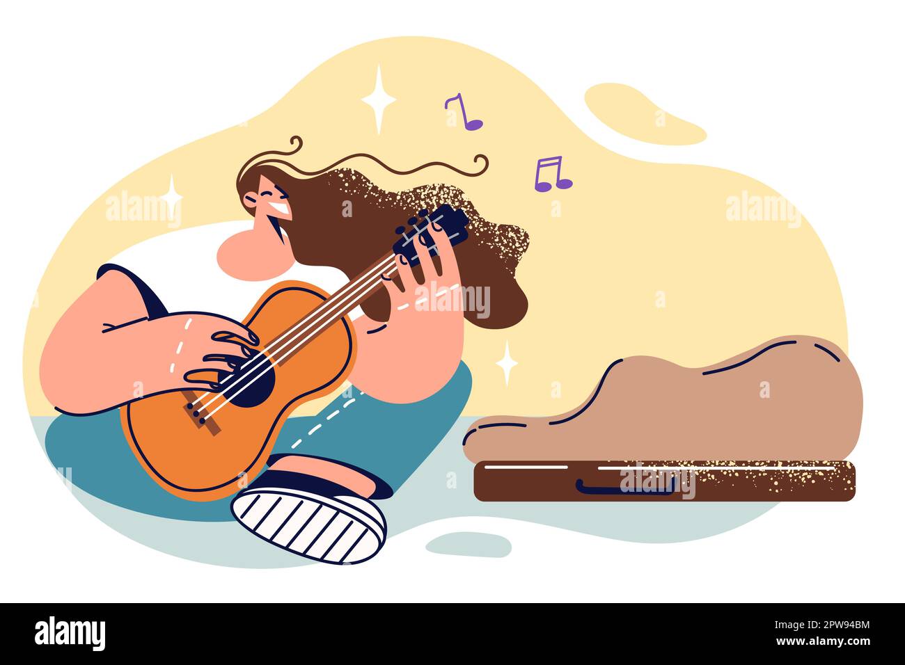 Woman street musician sings sits on ground and plays guitar to give good mood others Stock Vector