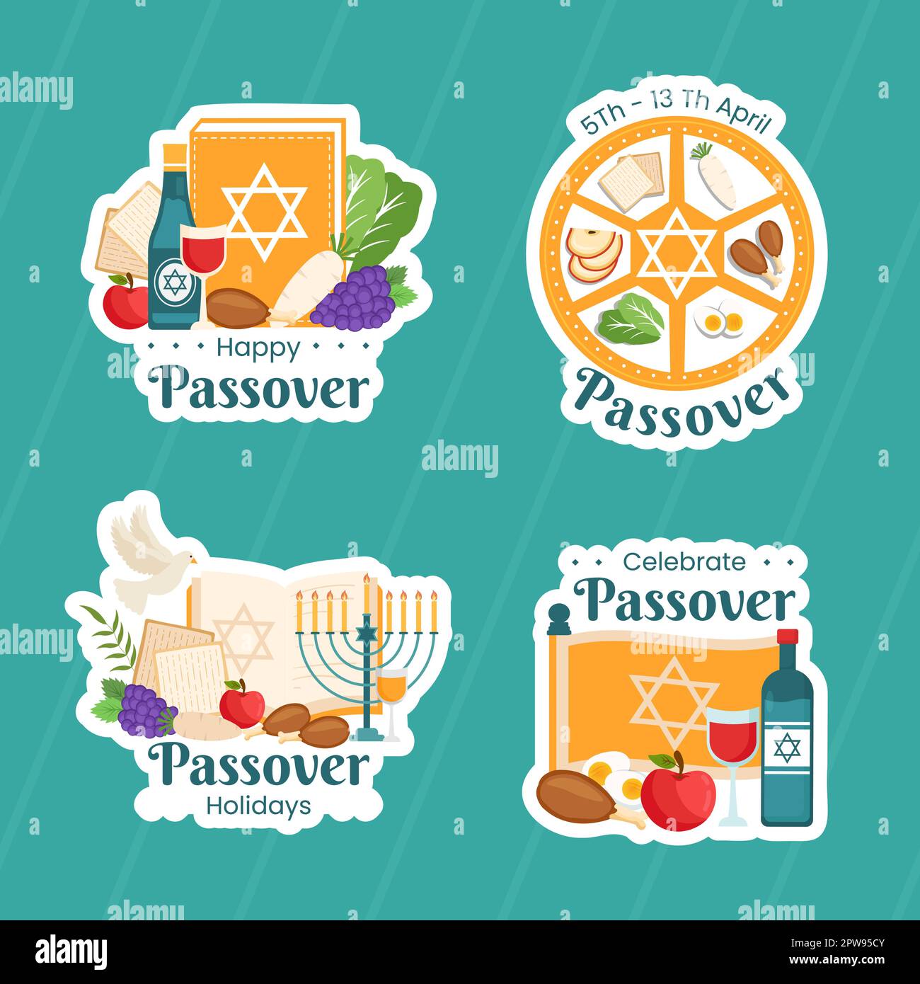 Happy Passover Jewish Holiday Label Flat Cartoon Hand Drawn Templates