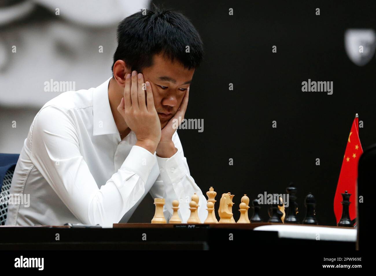 China's Ding Liren plays against Russia's Ian Nepomniachtchi during their FIDE  World Chess Championship in Astana, Kazakhstan, Saturday, April 29, 2023.  Ian Nepomniachtchi and Ding Liren are facing off in the final