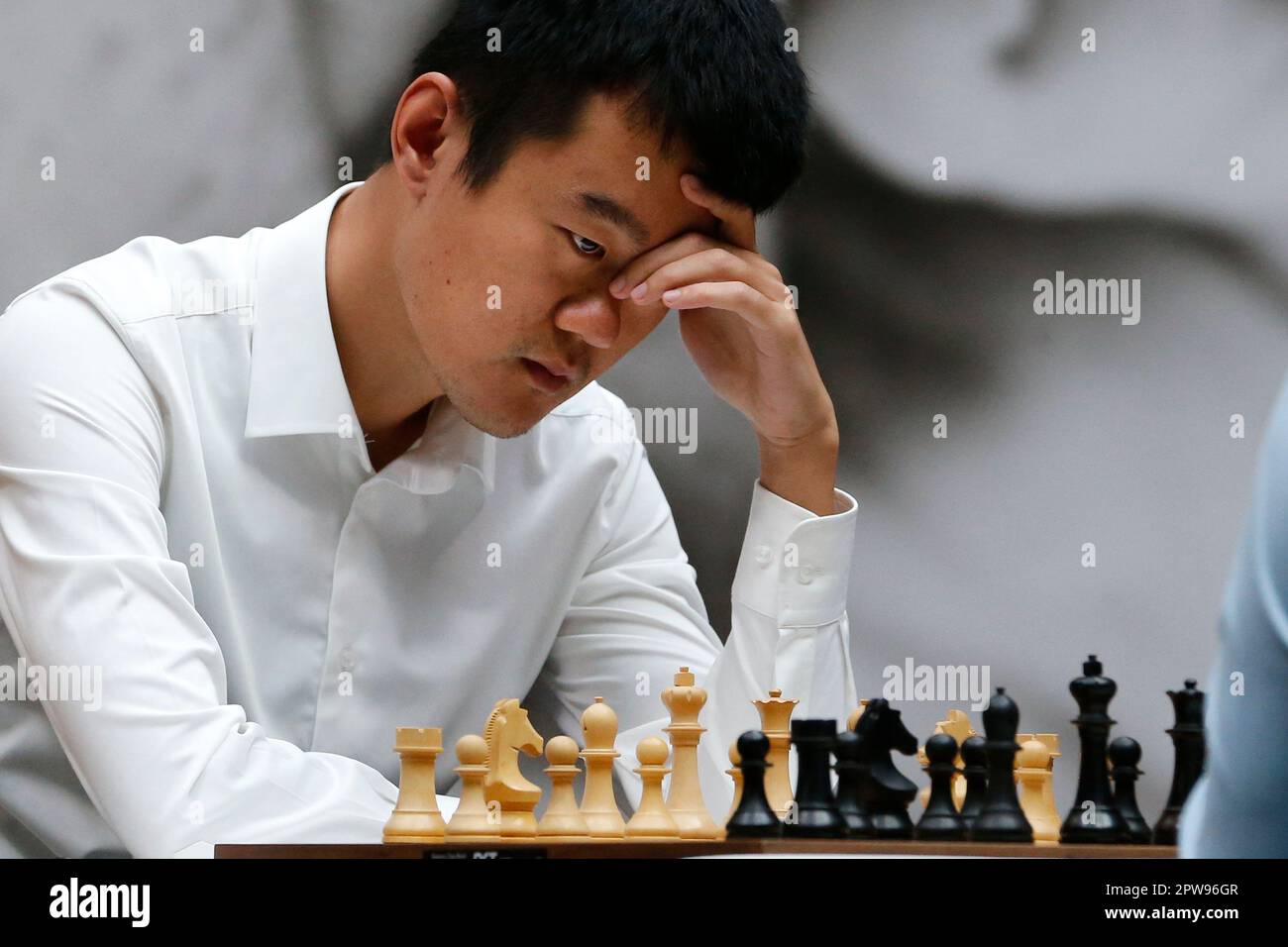China's Ding Liren plays against Russia's Ian Nepomniachtchi during their FIDE  World Chess Championship in Astana, Kazakhstan, Saturday, April 29, 2023.  Ian Nepomniachtchi and Ding Liren are facing off in the final