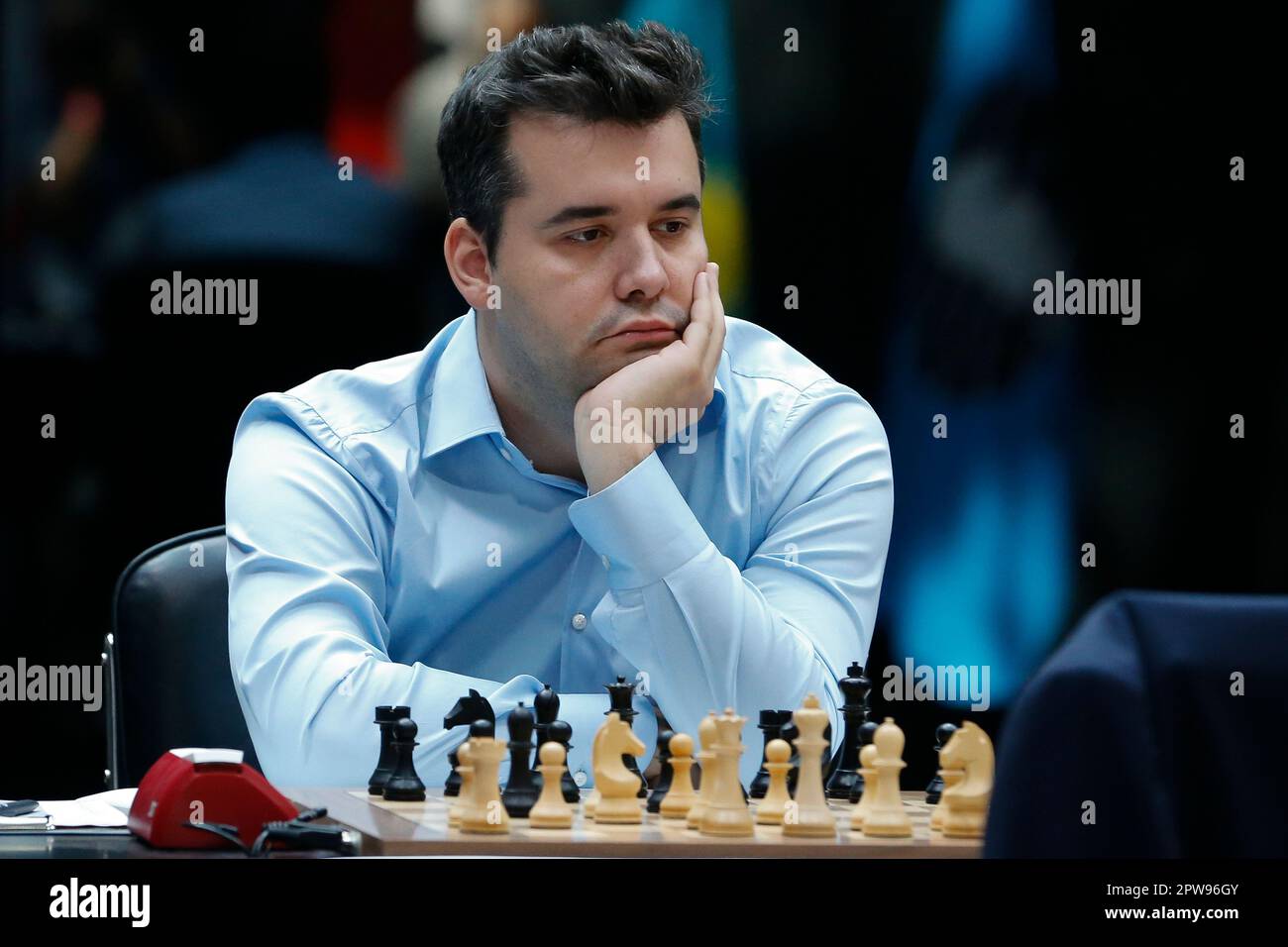 Russia's Ian Nepomniachtchi reacts as China's Ding Liren speaks after their  tiebreaker of FIDE World Chess Championship in Astana, Kazakhstan, Sunday,  April 30, 2023. China's Ding Liren defeated Russia's Ian Nepomniachtchi in