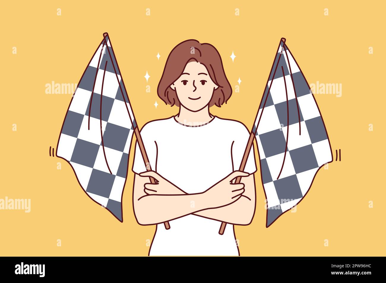 Woman holding two checkered flags to signal for start of car racing