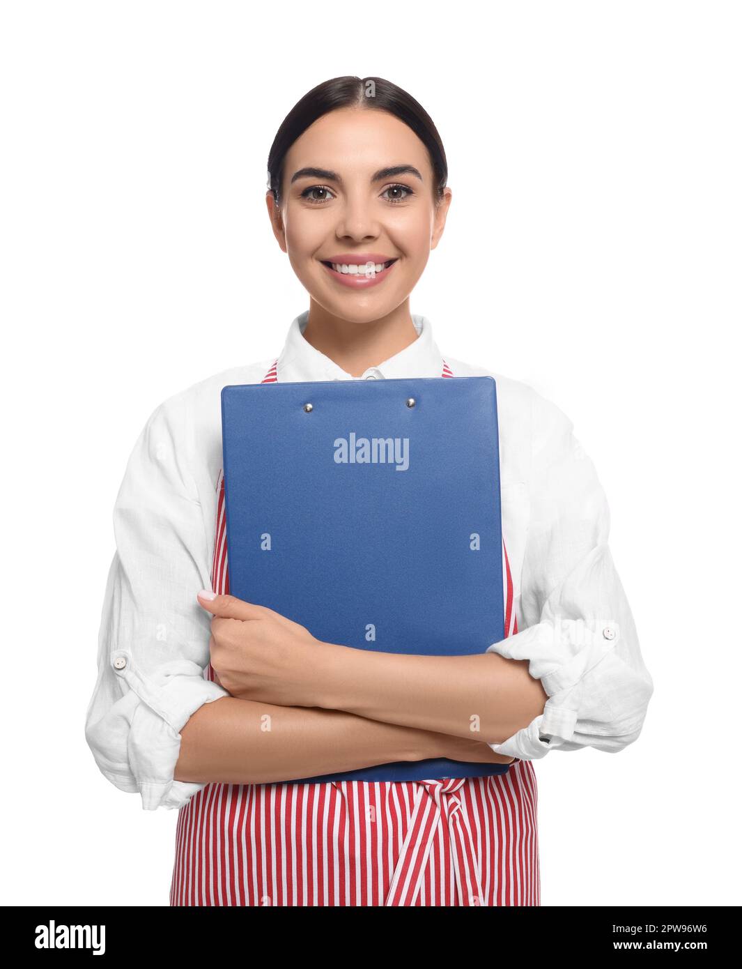 Young woman in red striped apron with clipboard on white background ...