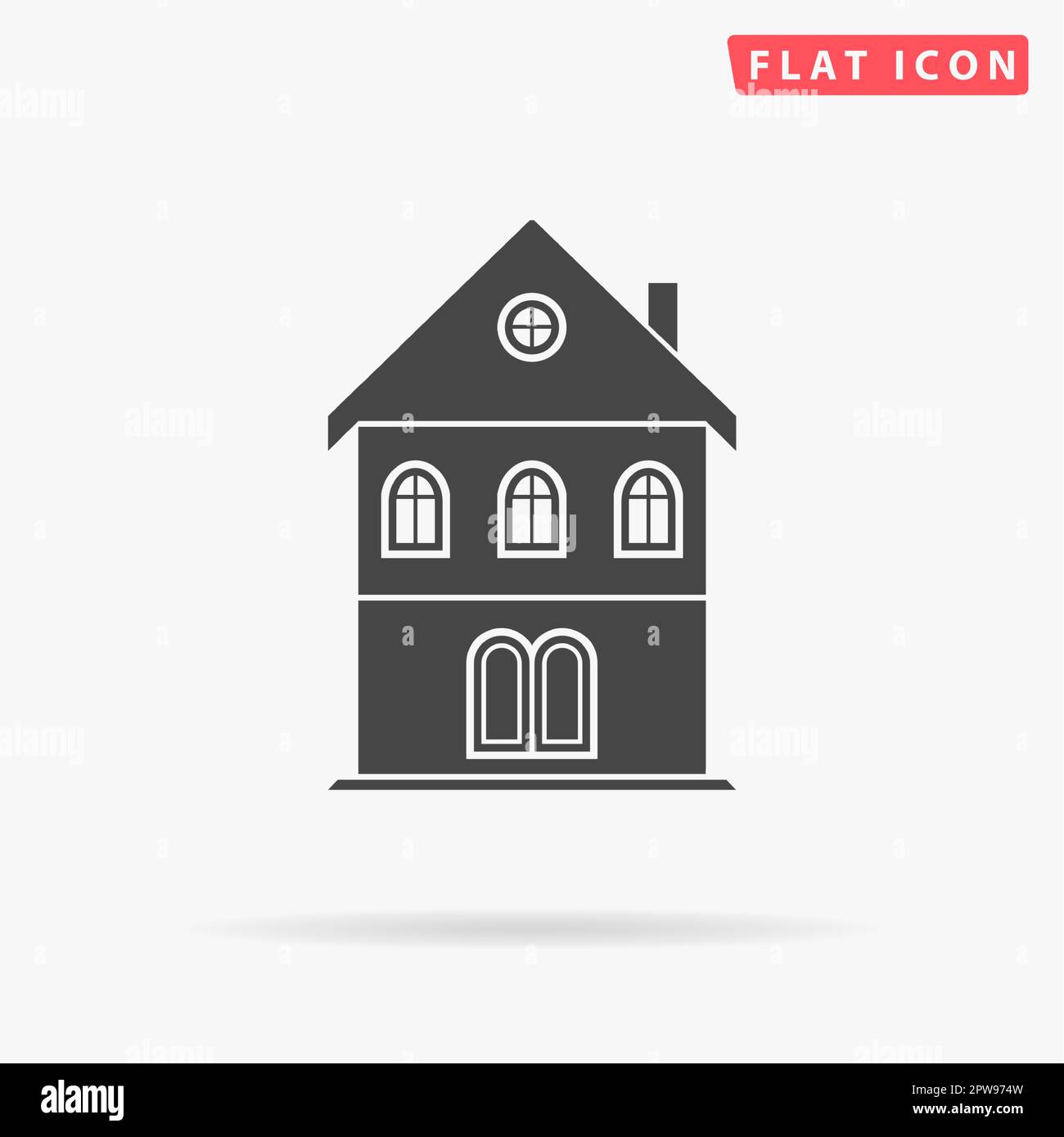 Simple old house. Simple flat black symbol with shadow on white