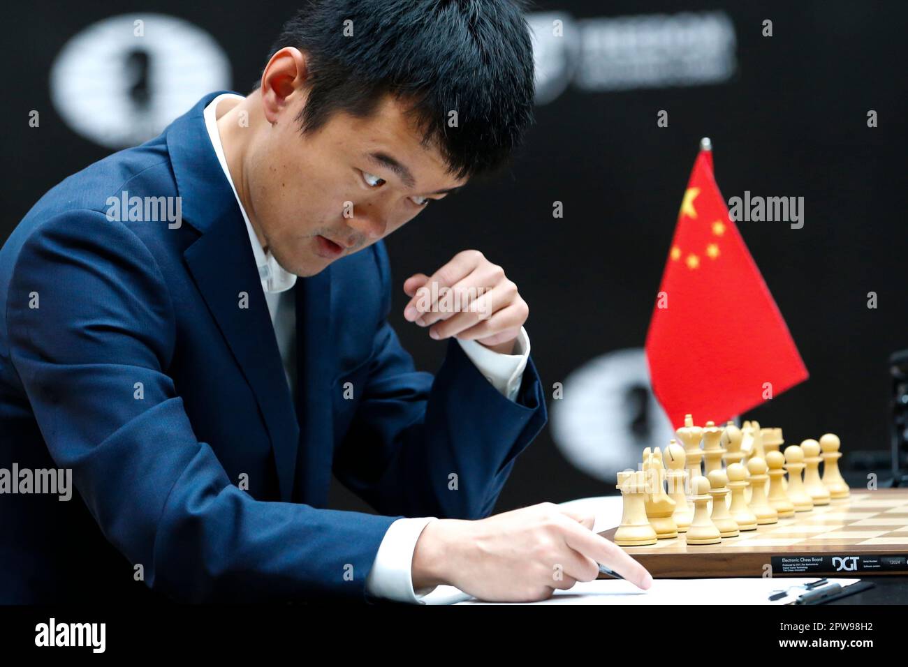 Russia's Ian Nepomniachtchi reacts as China's Ding Liren speaks after their  tiebreaker of FIDE World Chess Championship in Astana, Kazakhstan, Sunday,  April 30, 2023. China's Ding Liren defeated Russia's Ian Nepomniachtchi in