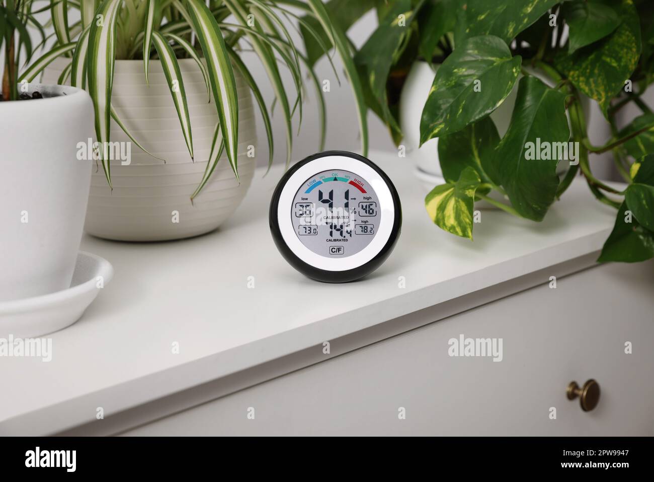 https://c8.alamy.com/comp/2PW9947/digital-hygrometer-with-thermometer-and-plants-on-chest-of-drawers-2PW9947.jpg