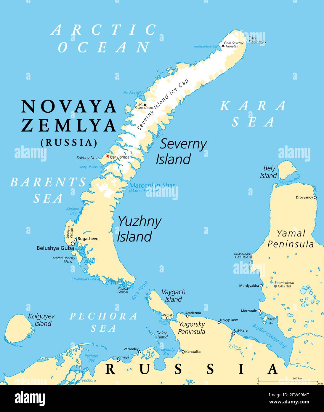 Novaya Zemlya, archipelago in northern Russia, political map Stock Vector