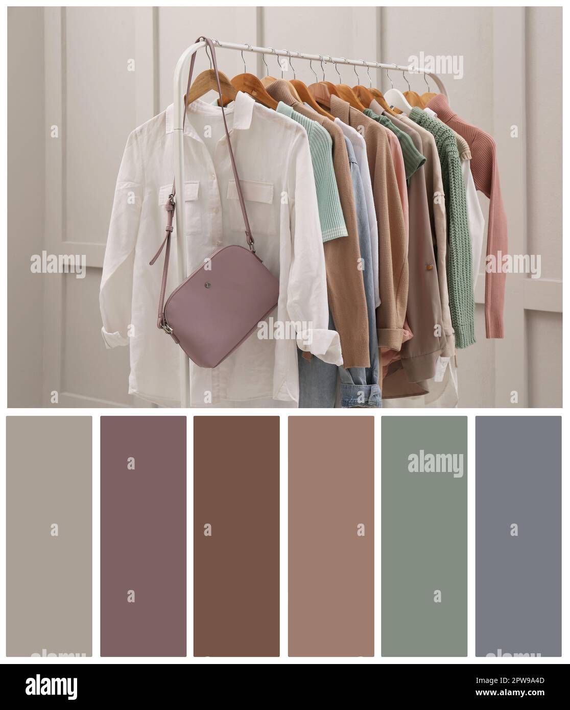Color palette appropriate to photo of stylish women's clothes on rack in room Stock Photo