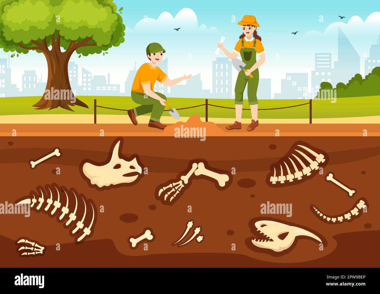 Fossil Illustration with Archaeologists Finds Dinosaurs Skeletons on