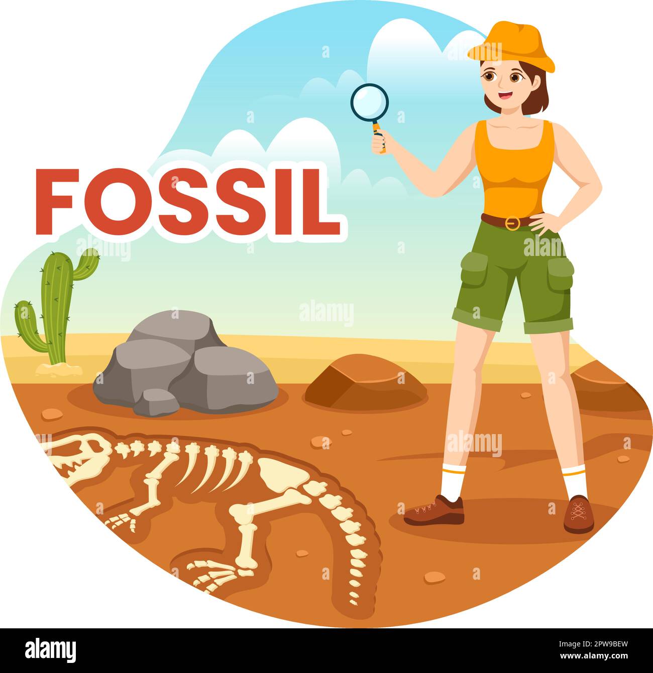 Fossil Illustration with Archaeologists Finds Dinosaurs Skeletons on