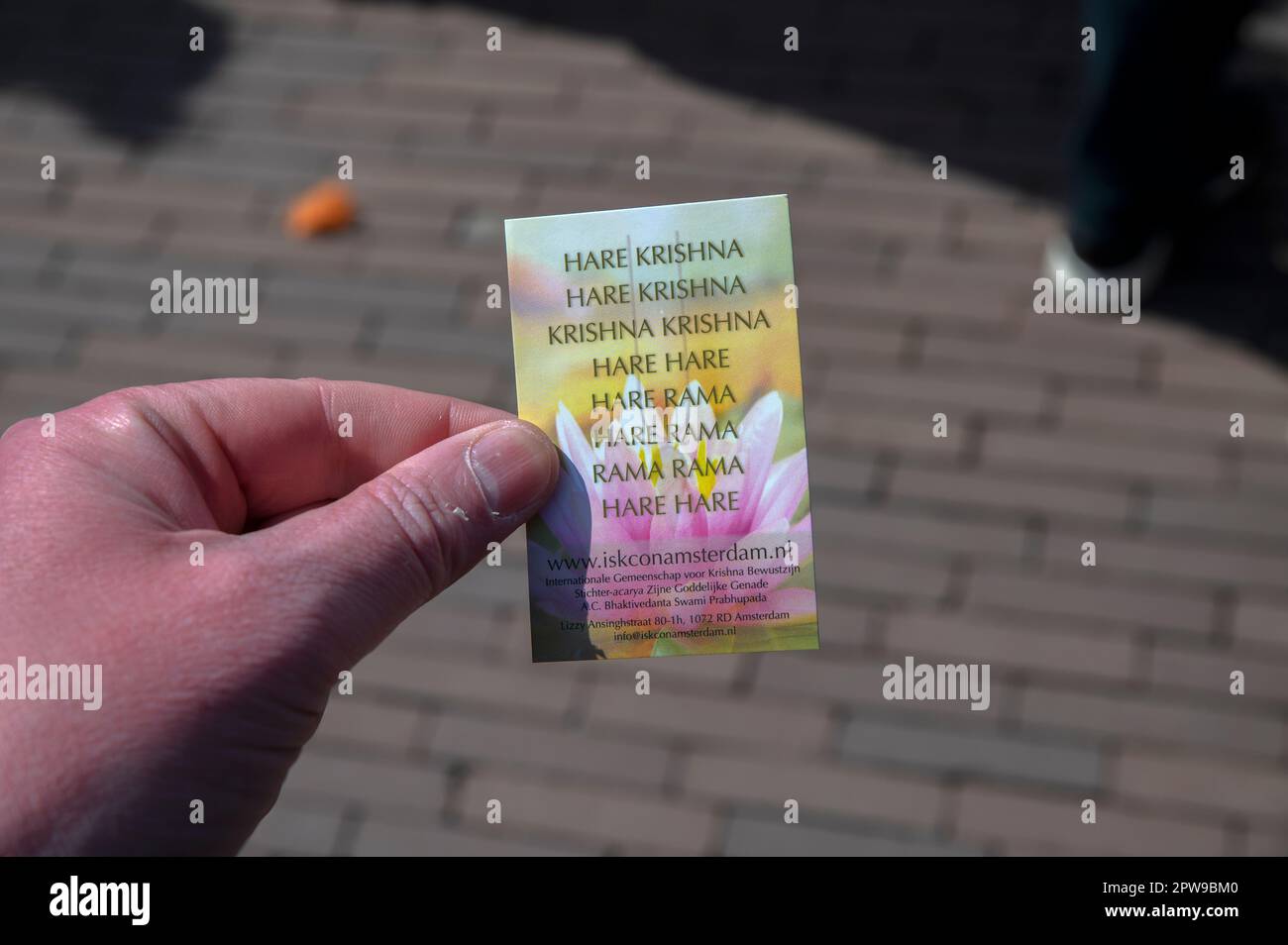 Business Card From The Hare Krishna Movement At Amsterdam The Netherlands 27-4-2023 Stock Photo