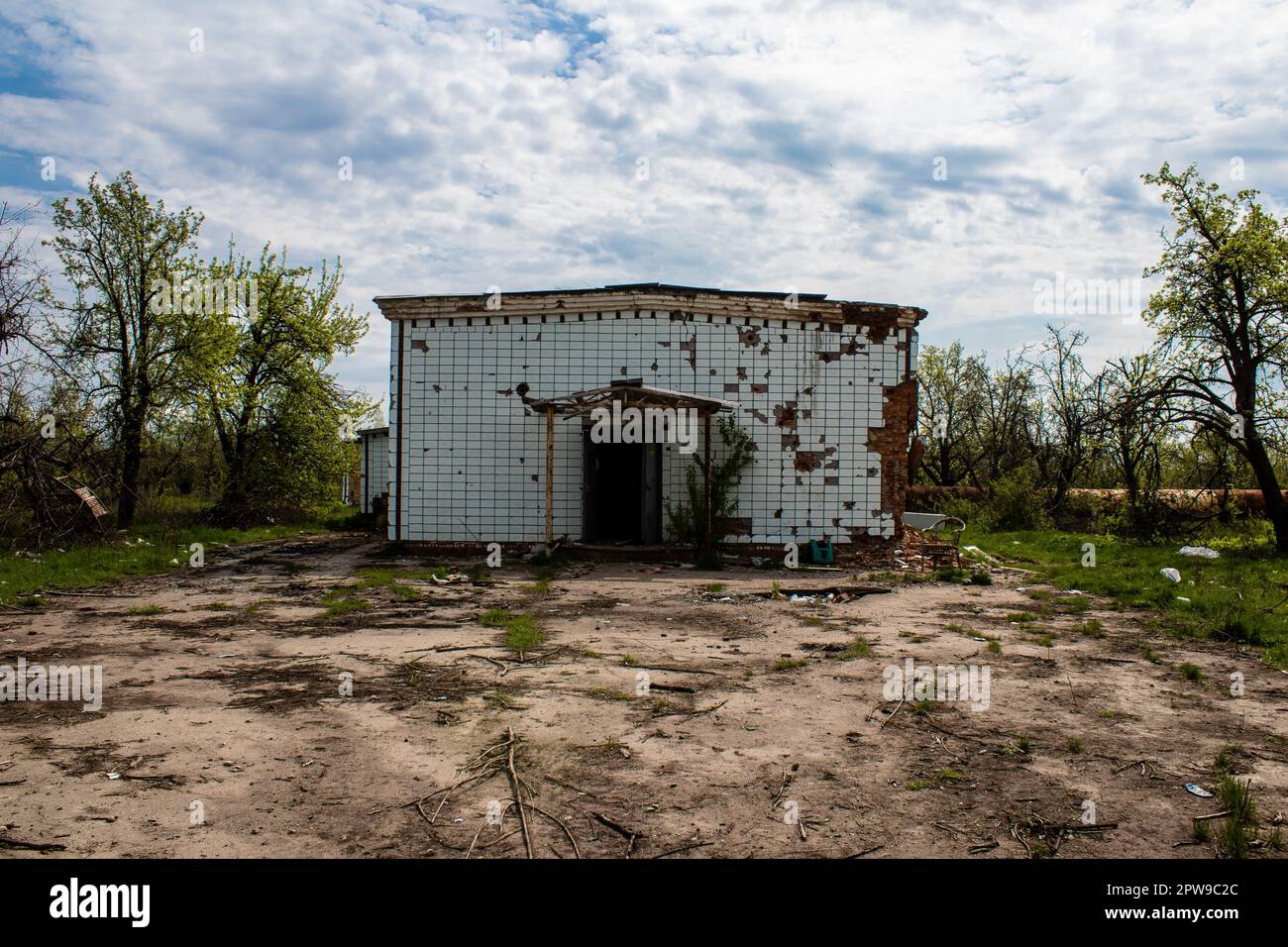 Destroyed building located at Kharkiv front line, Russian army bombs ...