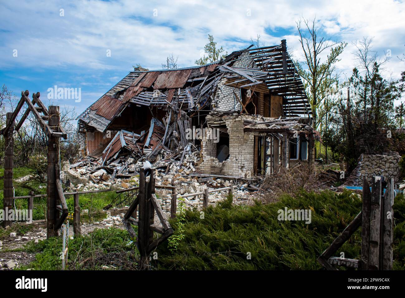 Destroyed building located at Kharkiv front line, Russian army bombs ...