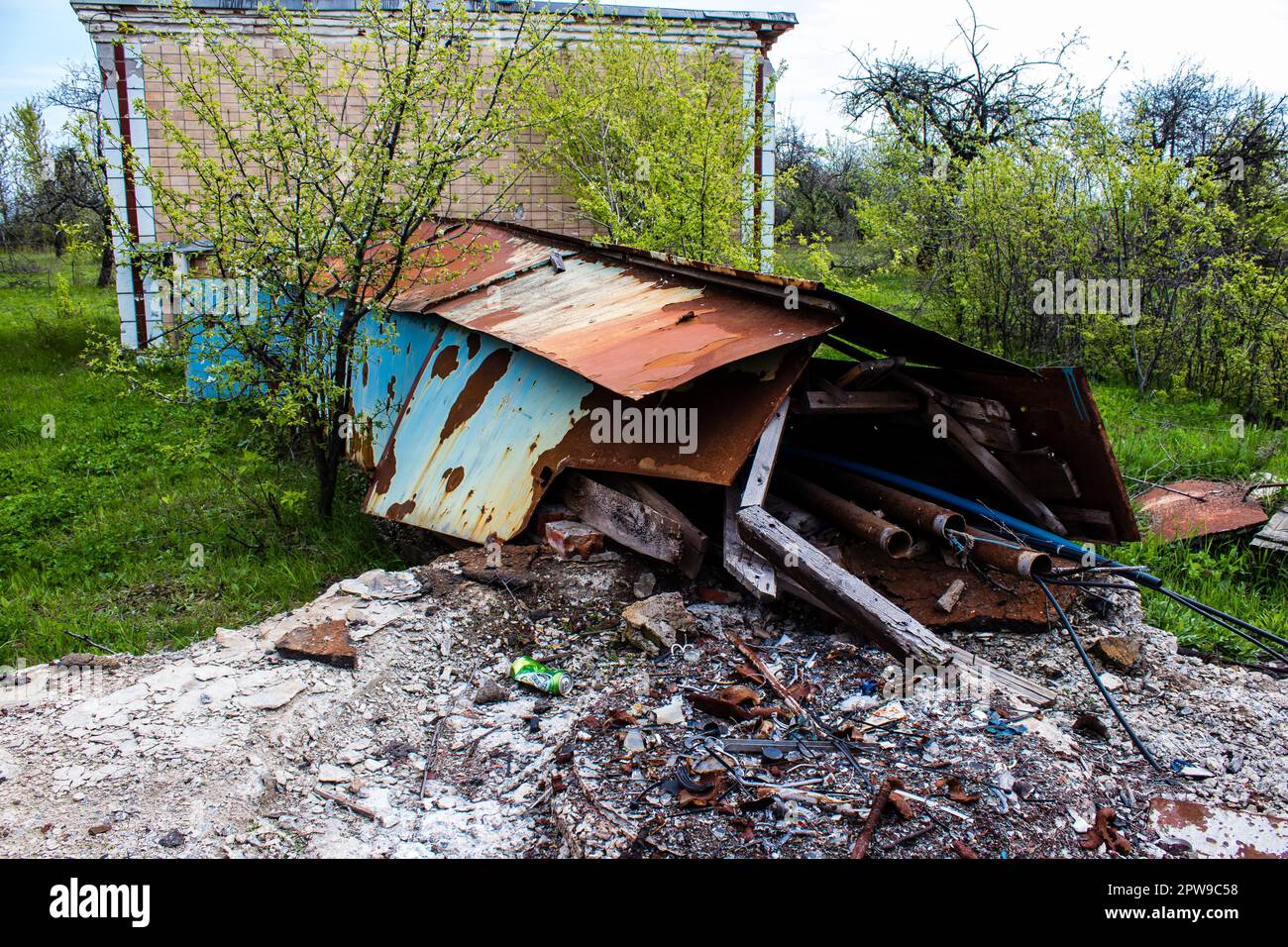 Destroyed building located at Kharkiv front line, Russian army bombs ...
