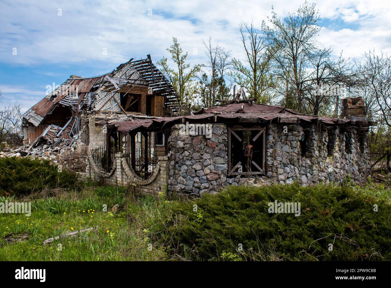 Destroyed building located at Kharkiv front line, Russian army bombs ...