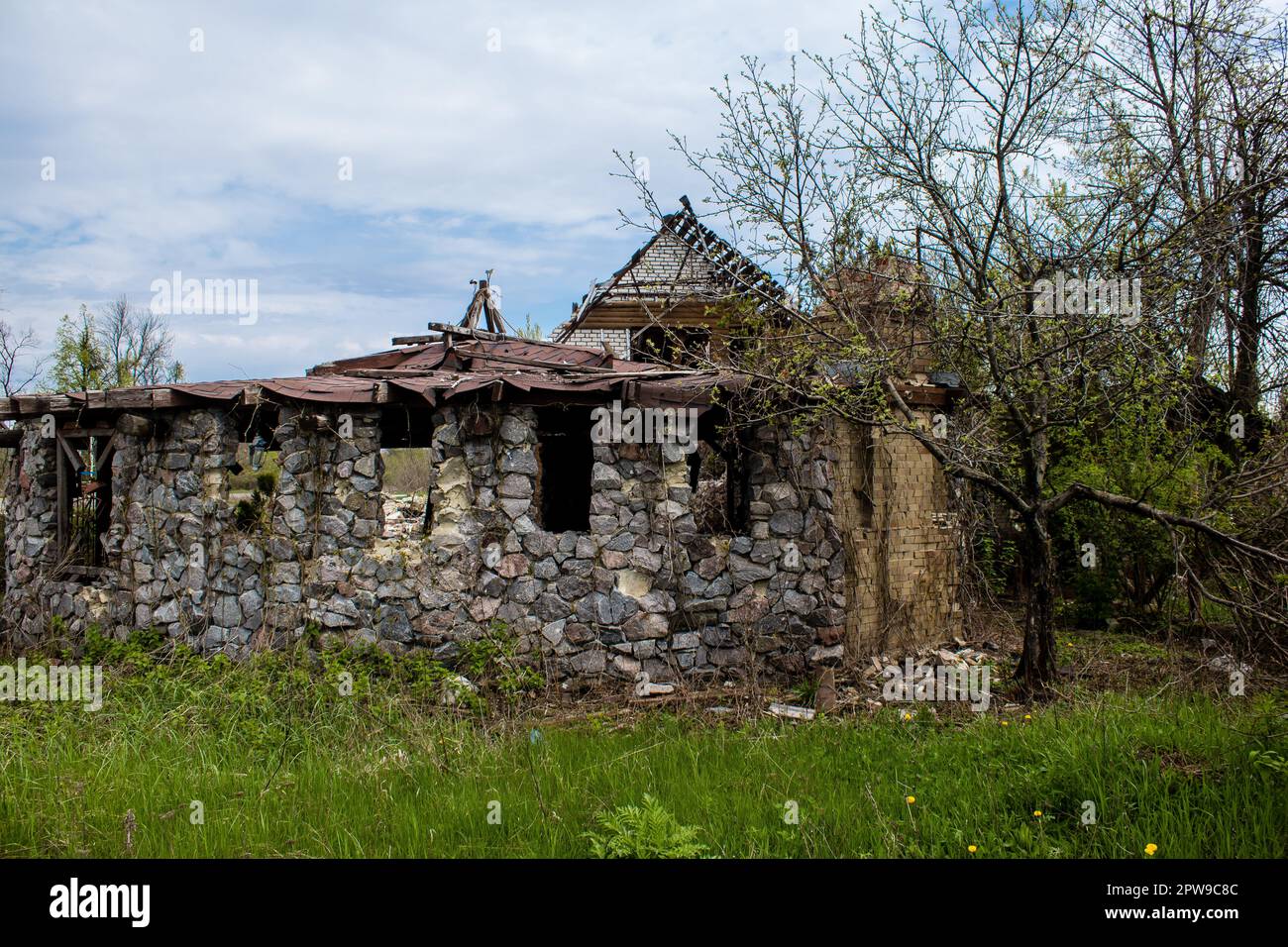 Destroyed building located at Kharkiv front line, Russian army bombs ...