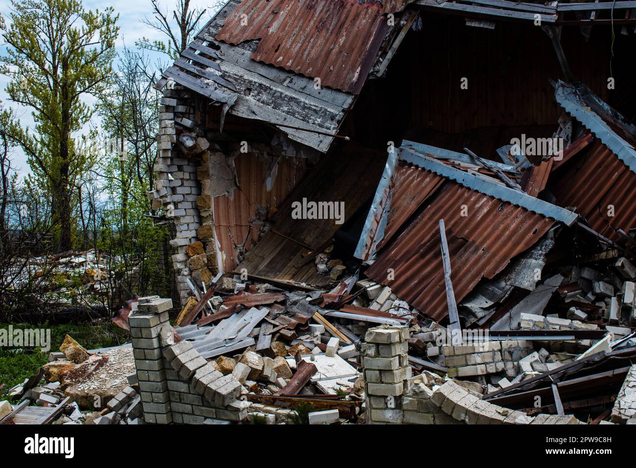 Destroyed building located at Kharkiv front line, Russian army bombs ...
