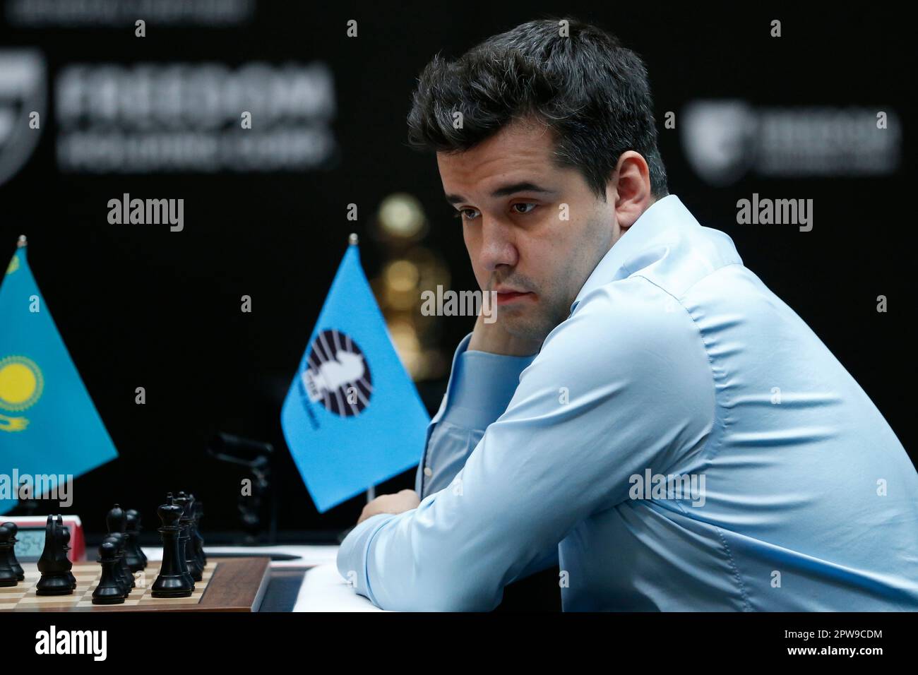 Russia's Ian Nepomniachtchi plays against China's Ding Liren during their  FIDE World Chess Championship in Astana, Kazakhstan, Saturday, April 29,  2023. Ian Nepomniachtchi and Ding Liren are facing off in the final