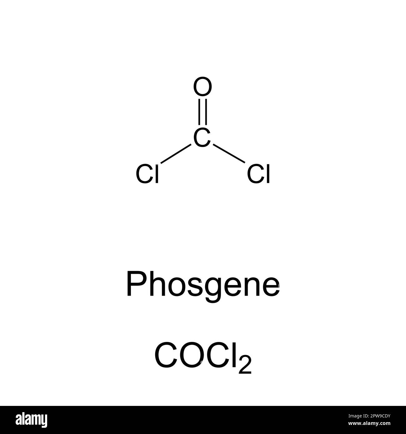 Phosgene, carbonyl dichloride, chemical formula and skeletal structure Stock Vector