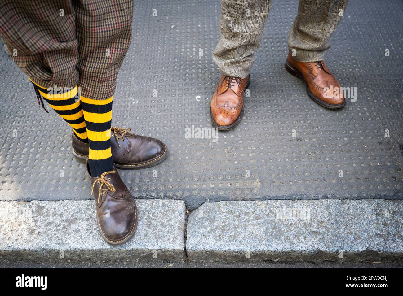 London, UK.  29 April 2023. Striped socks and plus fours. Stylish participants wearing their finest tweeds and brogues take part in the annual Tweed Run by riding bicycles around landmarks in central London, with stops for tea and a picnic en route.  The event has been held since 2009 appealing to the followers of fashion and cycling enthusiasts around the world.  Credit: Stephen Chung / Alamy Live News Stock Photo