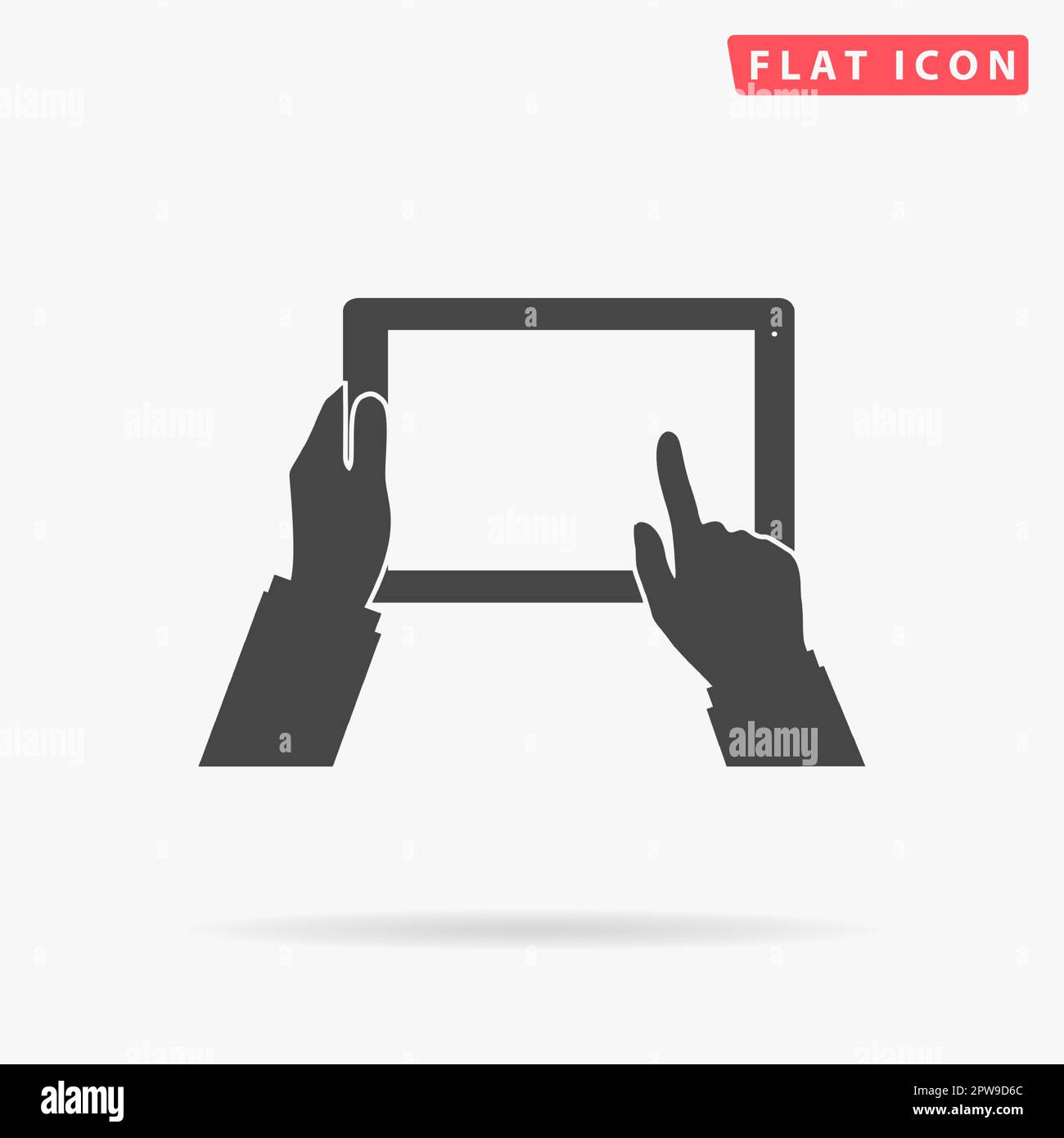 Tablet PC in human hands. Simple flat black symbol with shadow on white ...