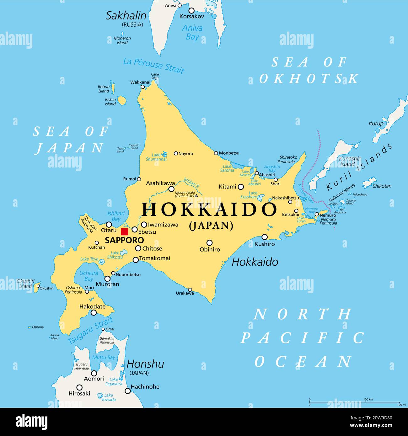 Hokkaido, second largest island of Japan, political map Stock Vector