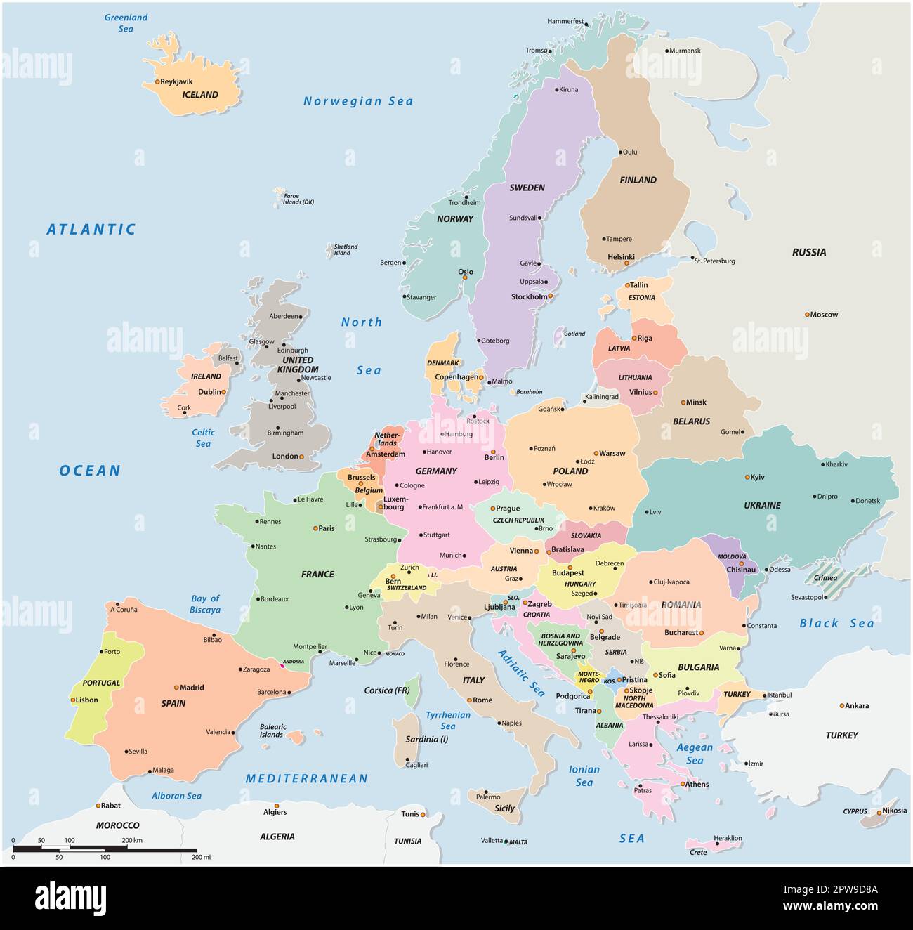 Colored political vector map of European states Stock Vector